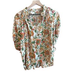 Nicole Miller Floral Blouse V Neck - Green, Orange, Pink Bohemian Flowy Boho